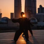 Tai Chi - silhouette of man near buildings