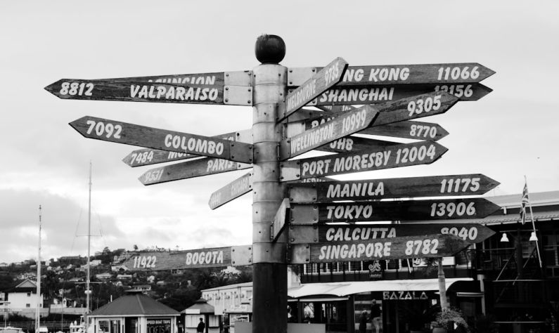 Destinations - grayscale photo of street sign