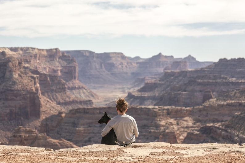 Pet Travel - person with dog sitting on Grand Canyon cliff